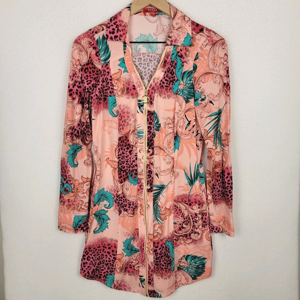 Guess Los Angeles Zip Front Mini Dress Womens S Pink Y2K Leopard Baroque Print